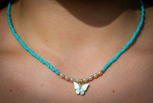 Girl's Turquoise Beaded Butterfly Charm Necklace