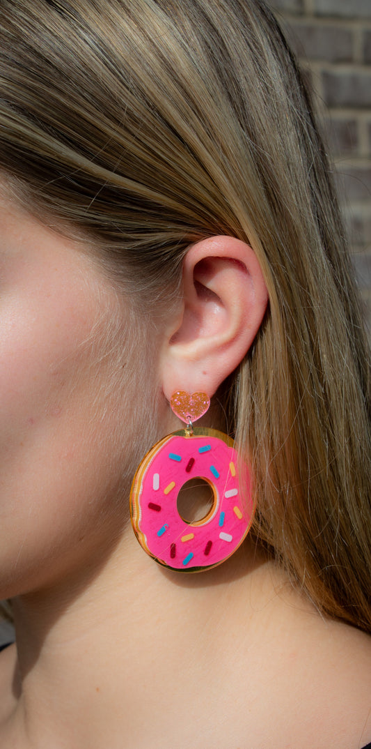 Large Pink Sprinkle Donut Earrings