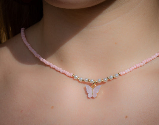 Girl's Pink Beaded Butterfly Charm Necklace