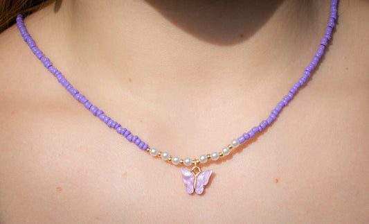 Girl's Purple Beaded Butterfly Charm Necklace