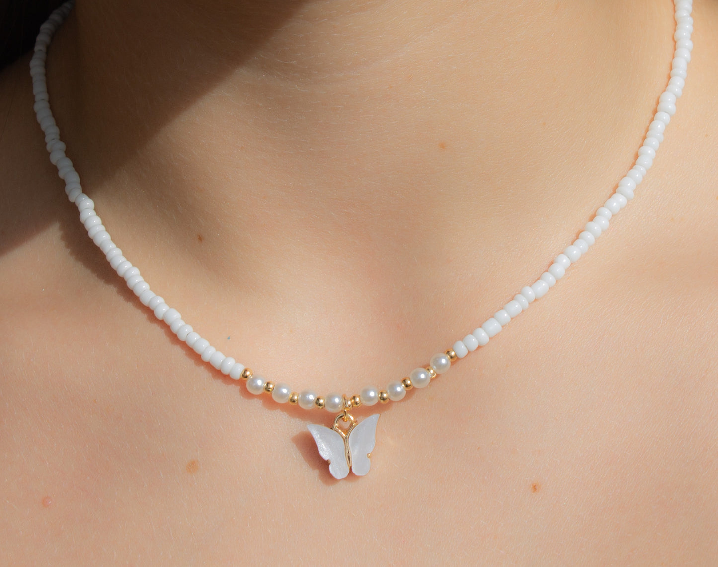 Girl's White Beaded Butterfly Charm Necklace