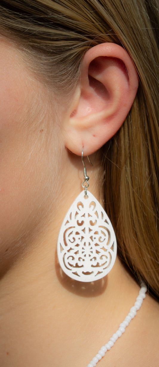 White Hollow Out Water Drop Wooden Dangle Earrings